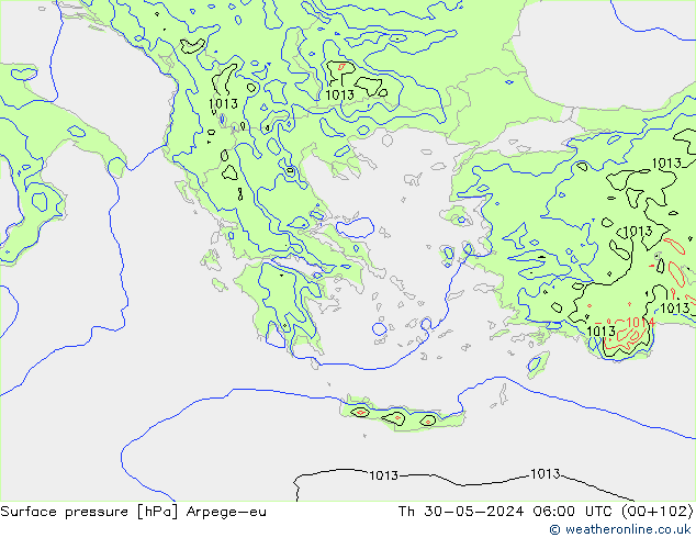 Atmosférický tlak Arpege-eu Čt 30.05.2024 06 UTC