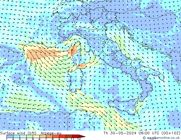 Wind 10 m (bft) Arpege-eu do 30.05.2024 06 UTC