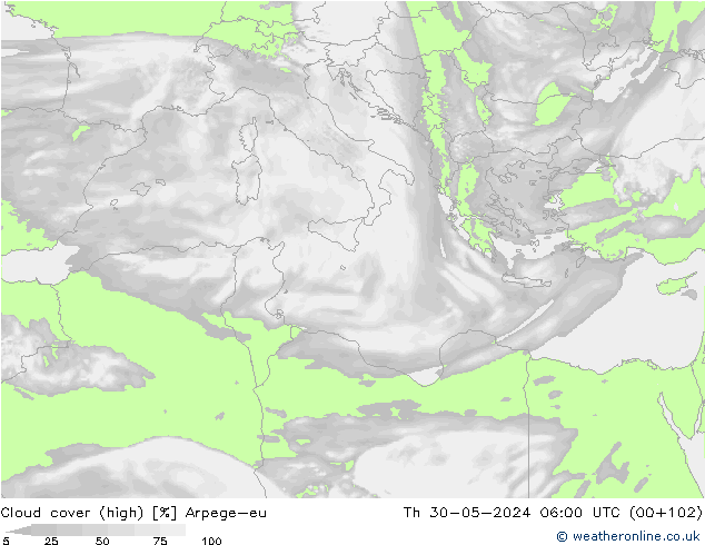 vysoký oblak Arpege-eu Čt 30.05.2024 06 UTC