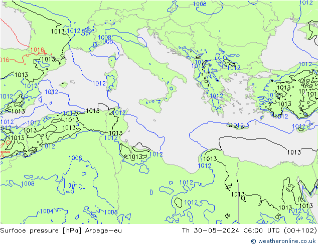 Atmosférický tlak Arpege-eu Čt 30.05.2024 06 UTC