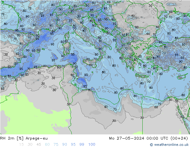 Humidité rel. 2m Arpege-eu lun 27.05.2024 00 UTC