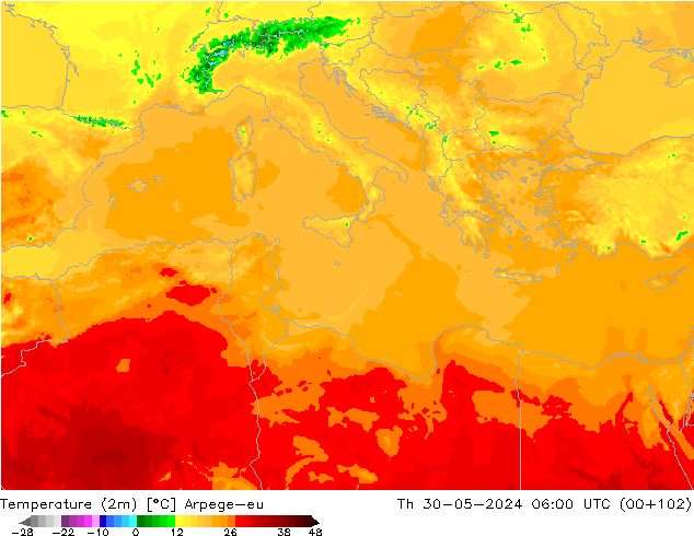 mapa temperatury (2m) Arpege-eu czw. 30.05.2024 06 UTC