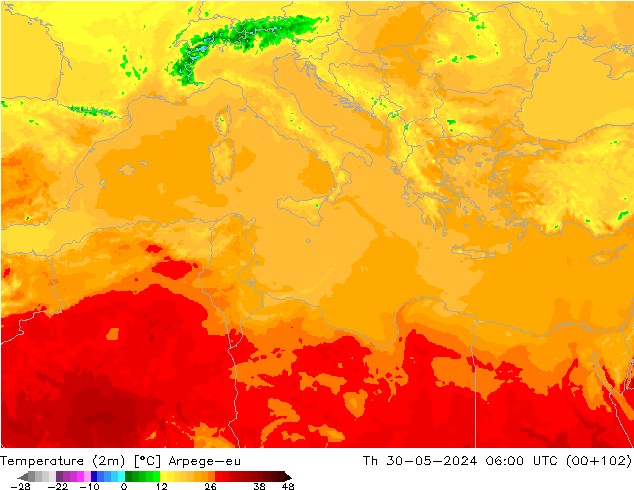 Temperature (2m) Arpege-eu Th 30.05.2024 06 UTC