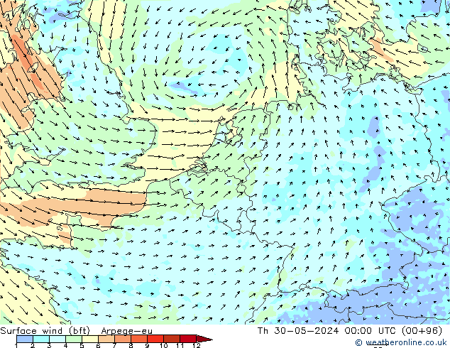 Surface wind (bft) Arpege-eu Th 30.05.2024 00 UTC