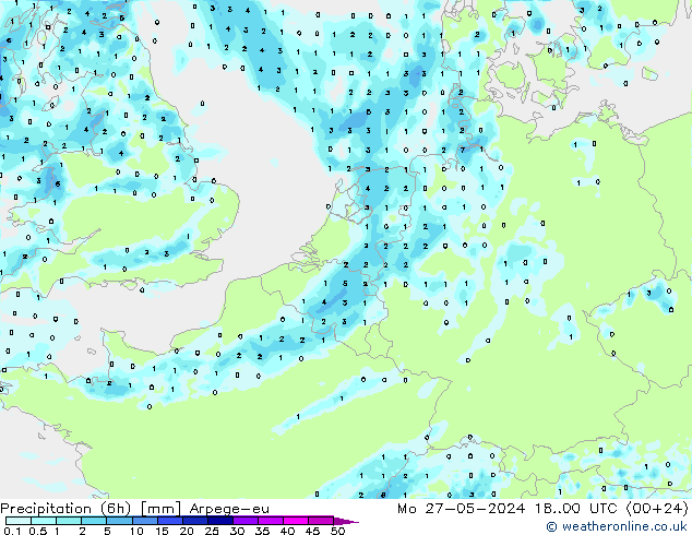 Precipitation (6h) Arpege-eu Mo 27.05.2024 00 UTC