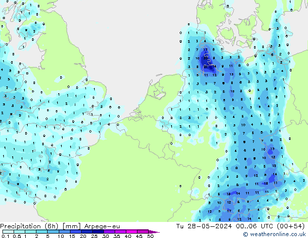 Précipitation (6h) Arpege-eu mar 28.05.2024 06 UTC