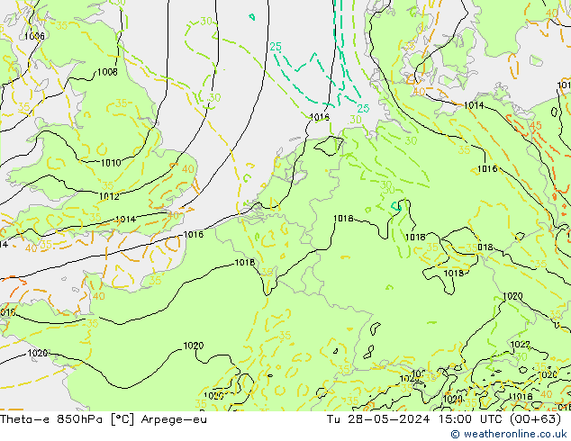 Theta-e 850hPa Arpege-eu Tu 28.05.2024 15 UTC