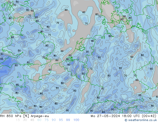 RH 850 hPa Arpege-eu pon. 27.05.2024 18 UTC