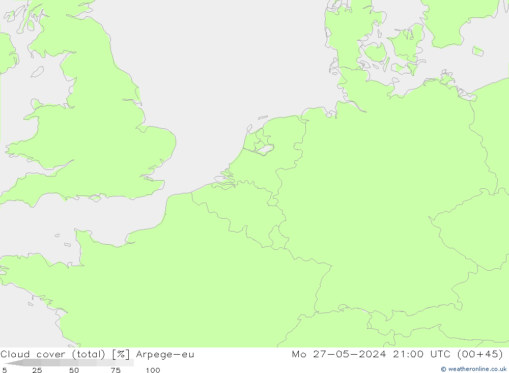 Cloud cover (total) Arpege-eu Mo 27.05.2024 21 UTC