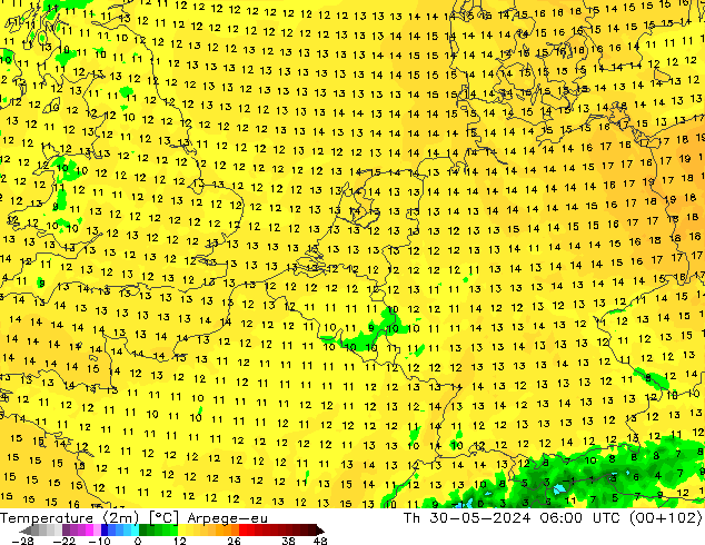 Temperature (2m) Arpege-eu Th 30.05.2024 06 UTC