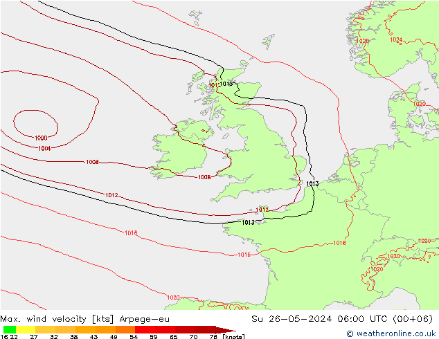 Max. wind velocity Arpege-eu Su 26.05.2024 06 UTC