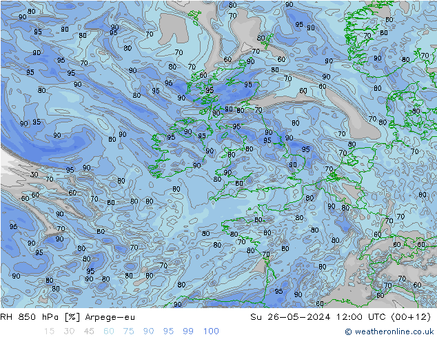 RH 850 hPa Arpege-eu So 26.05.2024 12 UTC