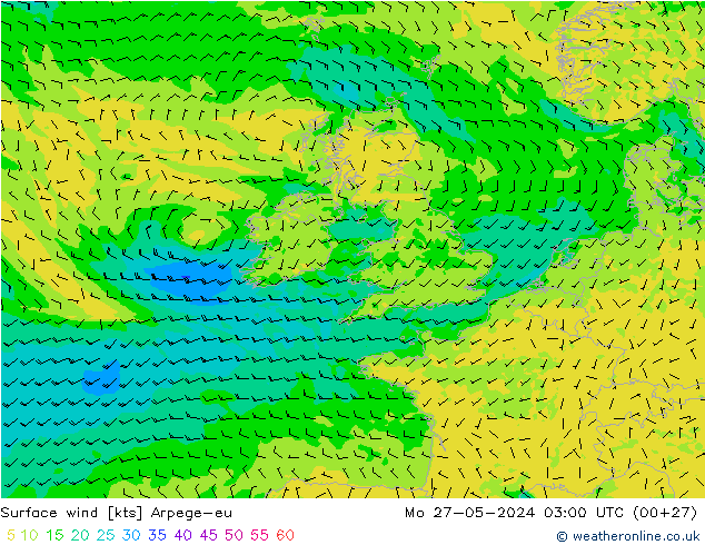 Surface wind Arpege-eu Mo 27.05.2024 03 UTC