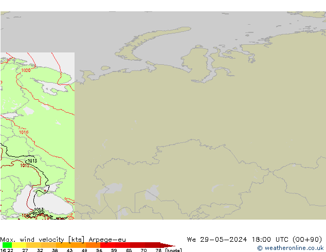 Max. wind velocity Arpege-eu  29.05.2024 18 UTC