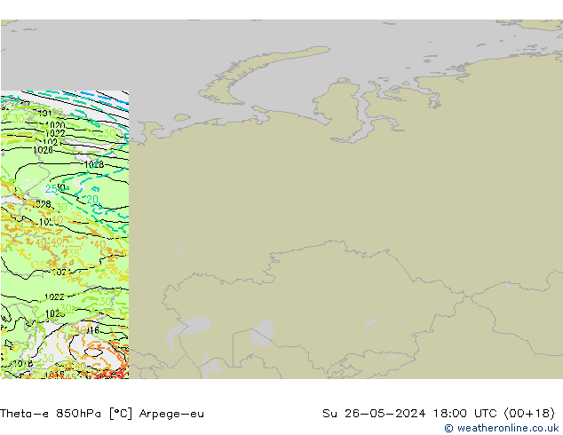 Theta-e 850hPa Arpege-eu zo 26.05.2024 18 UTC