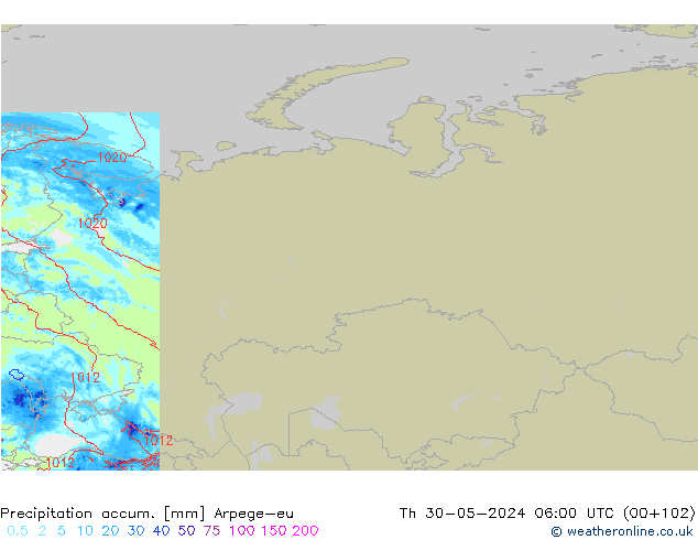 Precipitation accum. Arpege-eu Čt 30.05.2024 06 UTC