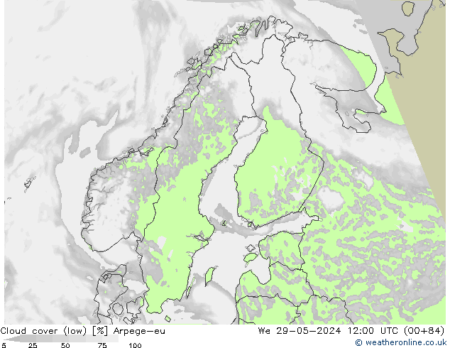 Cloud cover (low) Arpege-eu We 29.05.2024 12 UTC