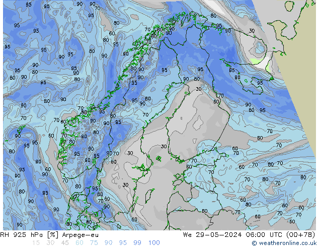 RH 925 hPa Arpege-eu We 29.05.2024 06 UTC