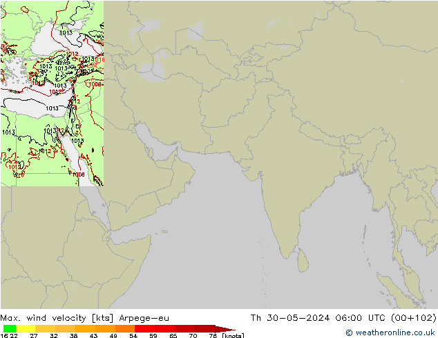 Max. wind velocity Arpege-eu Čt 30.05.2024 06 UTC