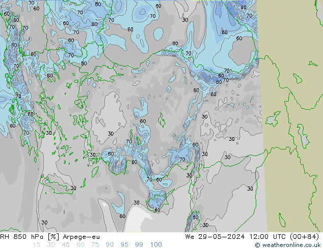 RH 850 hPa Arpege-eu We 29.05.2024 12 UTC