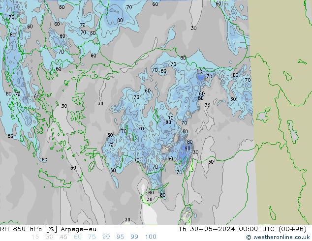 Humidité rel. 850 hPa Arpege-eu jeu 30.05.2024 00 UTC