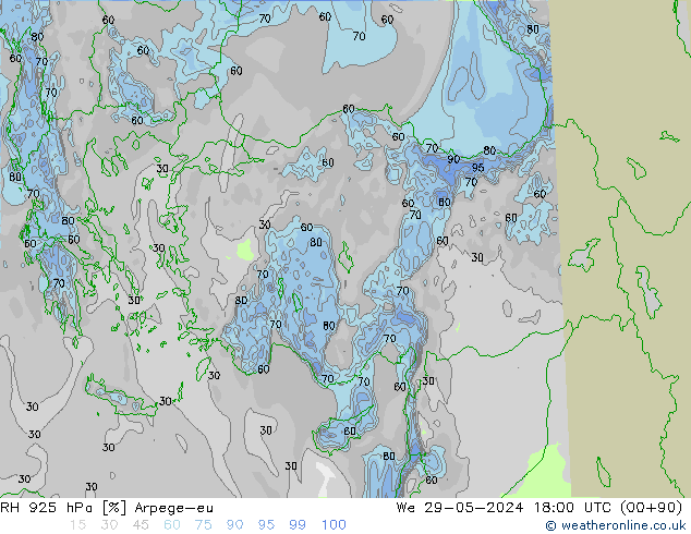 Humidité rel. 925 hPa Arpege-eu mer 29.05.2024 18 UTC