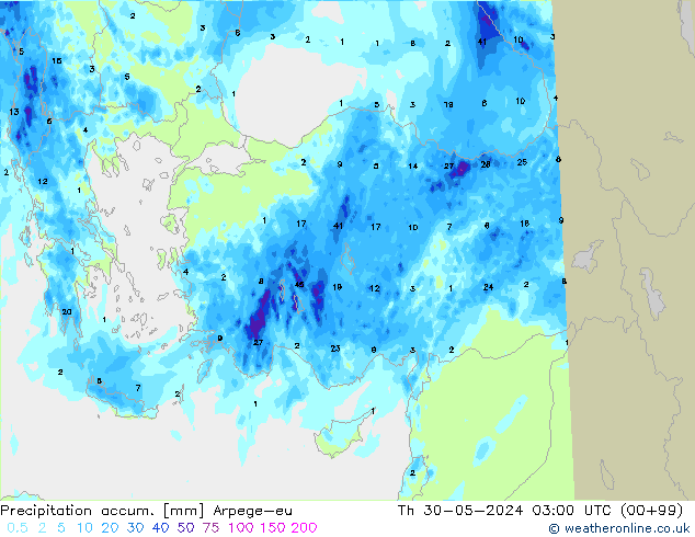 Precipitación acum. Arpege-eu jue 30.05.2024 03 UTC