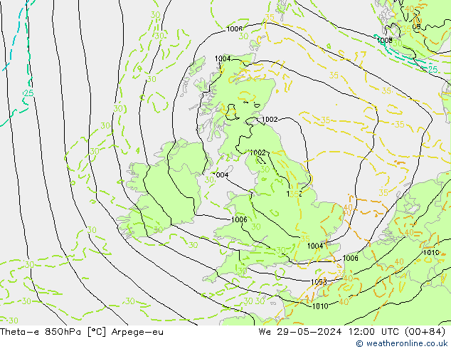 Theta-e 850hPa Arpege-eu We 29.05.2024 12 UTC