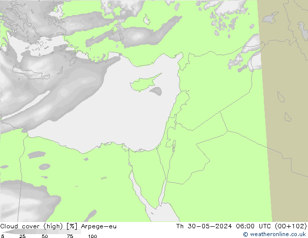 Cloud cover (high) Arpege-eu Th 30.05.2024 06 UTC