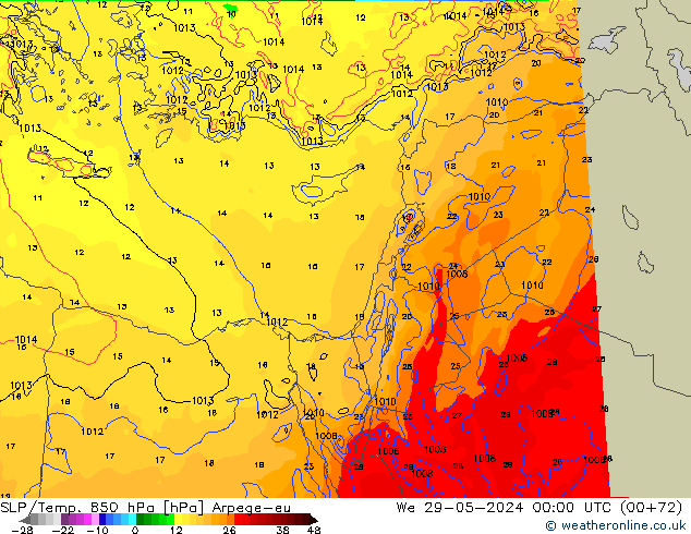 SLP/Temp. 850 hPa Arpege-eu mer 29.05.2024 00 UTC