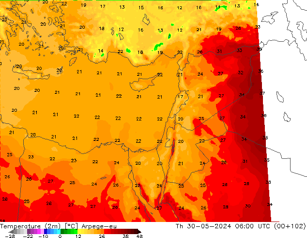 Temperature (2m) Arpege-eu Th 30.05.2024 06 UTC