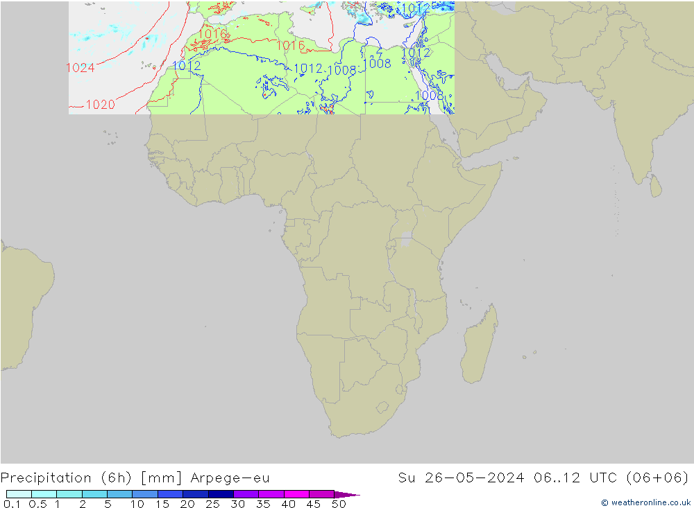 Precipitation (6h) Arpege-eu Su 26.05.2024 12 UTC