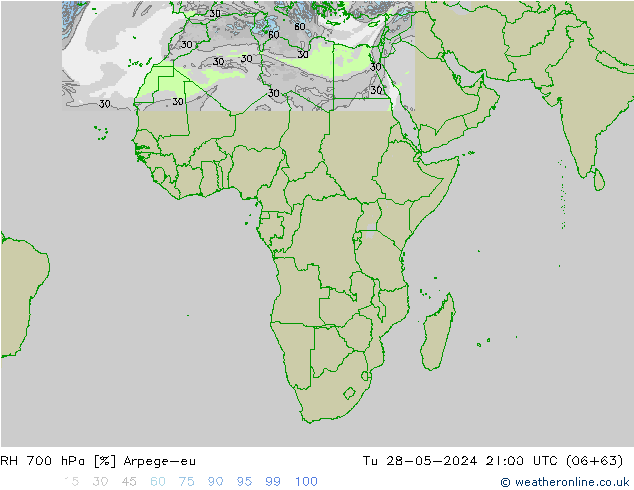 RH 700 hPa Arpege-eu Tu 28.05.2024 21 UTC