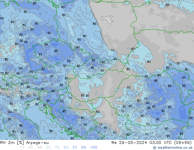 RH 2m Arpege-eu śro. 29.05.2024 03 UTC