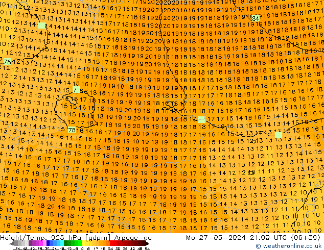 Height/Temp. 925 гПа Arpege-eu пн 27.05.2024 21 UTC