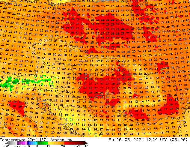 Temperature (2m) Arpege-eu Su 26.05.2024 12 UTC