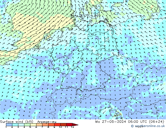 Surface wind (bft) Arpege-eu Mo 27.05.2024 06 UTC
