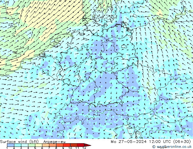 Surface wind (bft) Arpege-eu Mo 27.05.2024 12 UTC