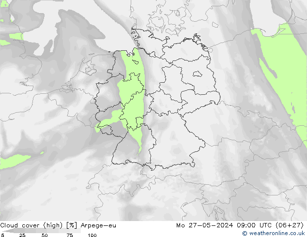 Cloud cover (high) Arpege-eu Mo 27.05.2024 09 UTC