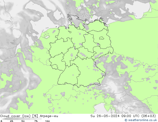 Cloud cover (low) Arpege-eu Su 26.05.2024 09 UTC