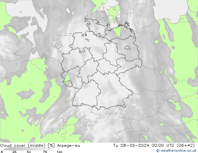 Cloud cover (middle) Arpege-eu Tu 28.05.2024 00 UTC