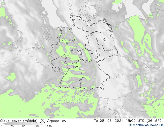 Cloud cover (middle) Arpege-eu Tu 28.05.2024 15 UTC