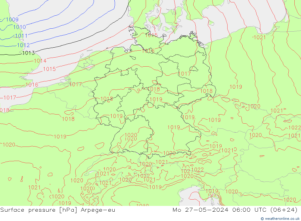 Atmosférický tlak Arpege-eu Po 27.05.2024 06 UTC