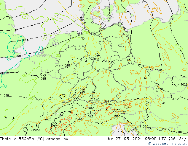 Theta-e 850hPa Arpege-eu ma 27.05.2024 06 UTC