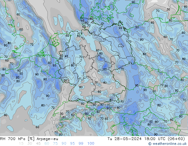 RH 700 гПа Arpege-eu вт 28.05.2024 18 UTC