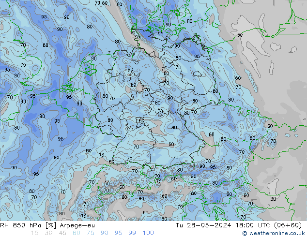 RH 850 hPa Arpege-eu Tu 28.05.2024 18 UTC