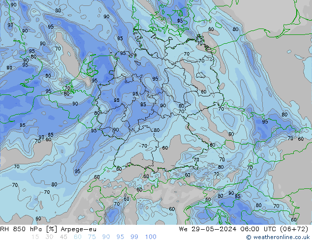 Humedad rel. 850hPa Arpege-eu mié 29.05.2024 06 UTC