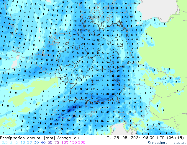 Precipitation accum. Arpege-eu Tu 28.05.2024 06 UTC