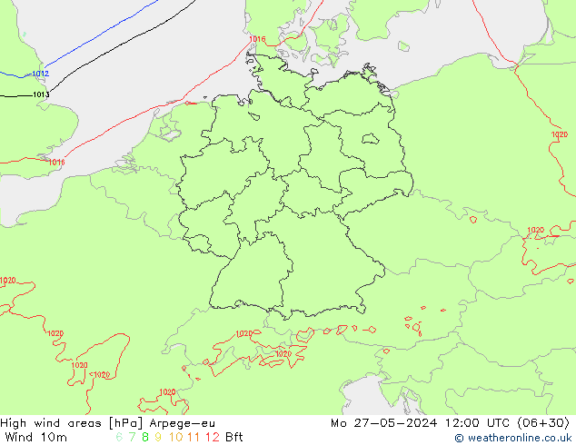 High wind areas Arpege-eu Mo 27.05.2024 12 UTC