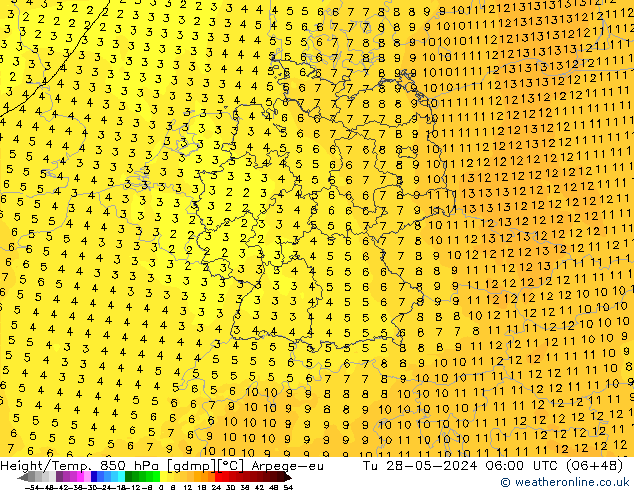 Height/Temp. 850 hPa Arpege-eu Tu 28.05.2024 06 UTC